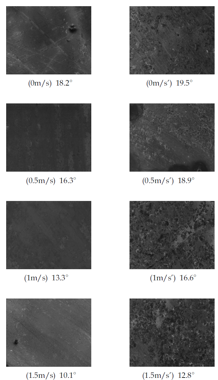 유동 비등 임계 열유속 실험종료 후 산화처리된 다중벽 탄소나노튜브(좌)와 산화처리된 그래핀(우)의 열전달 표면 SEM 사진(120초).