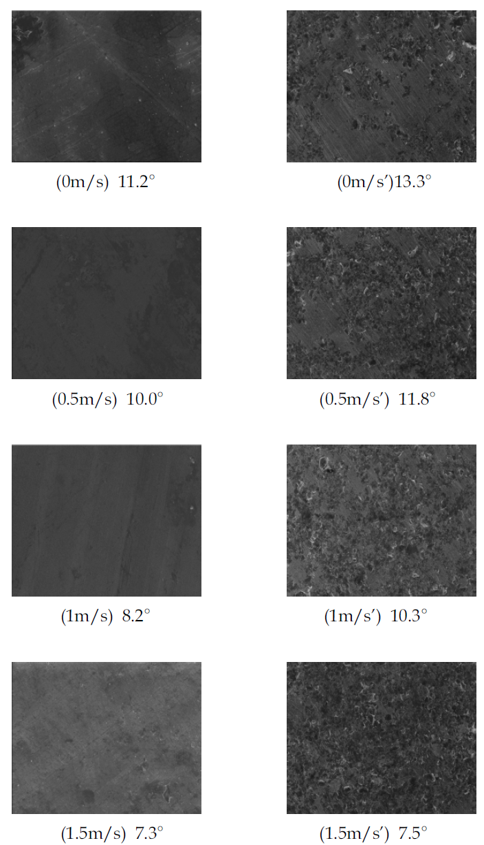 유동 비등 임계 열유속 실험종료 후 산화처리된 다중벽 탄소나노튜브(좌)와 산화처리된 그래핀(우)의 열전달 표면 SEM 사진(180초).