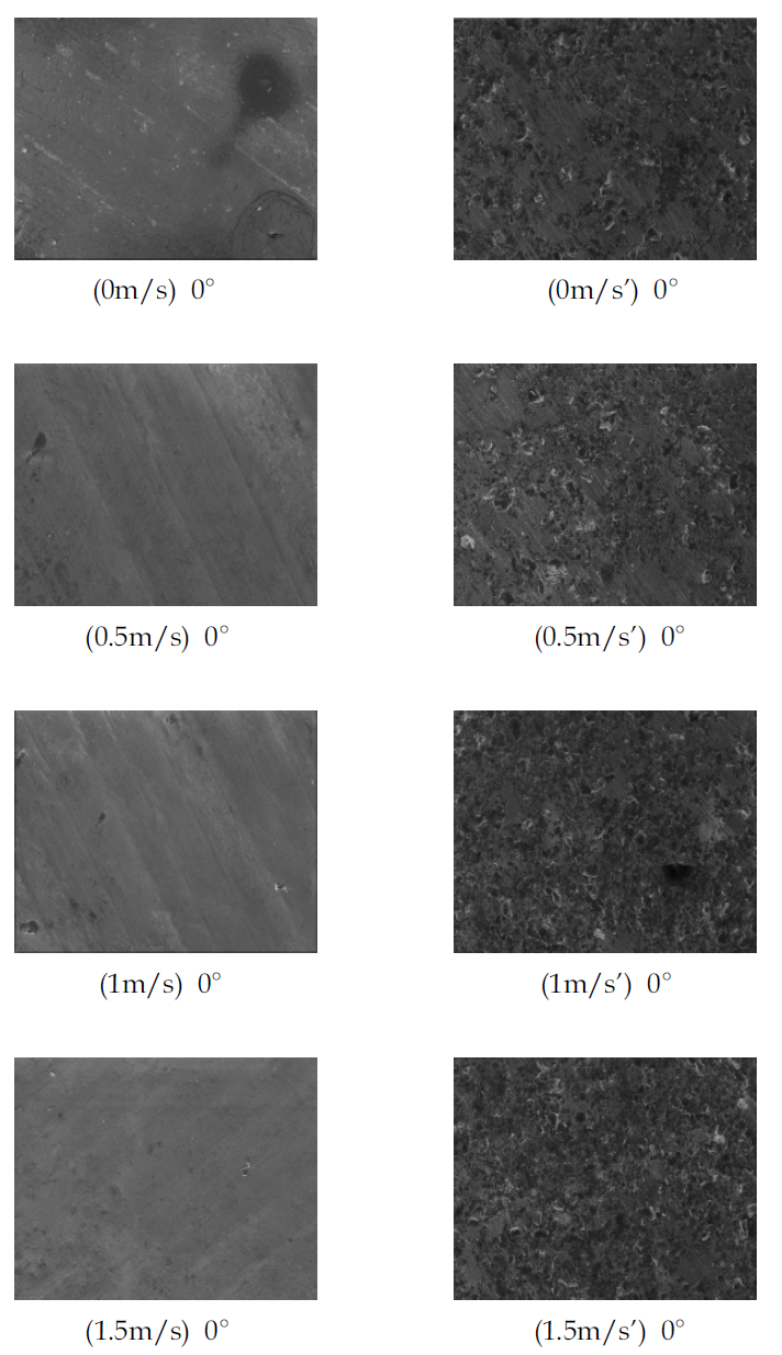 유동 비등 임계 열유속 실험종료 후 산화처리된 다중벽 탄소나노튜브(좌)와 산화처리된 그래핀(우)의 열전달 표면 SEM 사진(240초).
