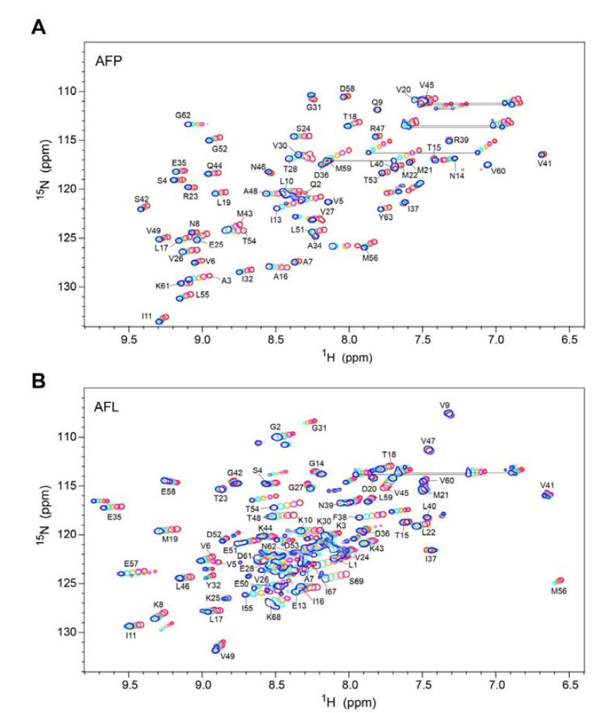 (A) Type III AFP와 (B) AFL 도메인의 온도별 1H/15N-HSQC 스펙트럼
