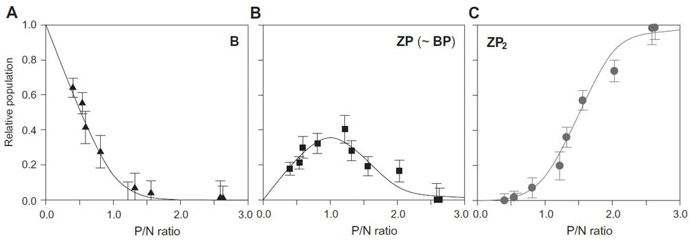 P/N 비에 따른 E3L 복합체의 이미노수소에 대한 (A) B, (B) ZP (～BP), (C) ZP2 복합체상태의 상대 밀도