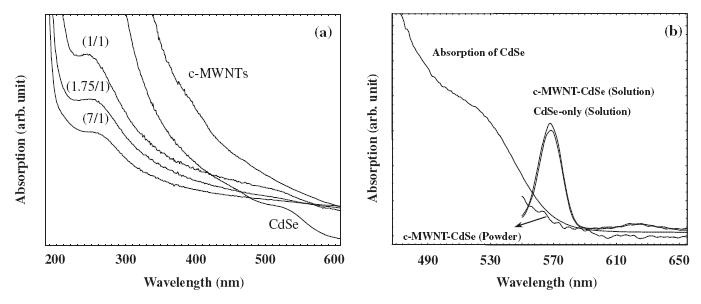 (a) CdSe 나노입자와 c-MWNT-CdSe 합성물의 UV/vis 스펙트럼 (b) Photoluminescence 스펙트럼.