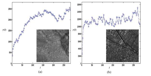 Semivariance analysis. Semivariograms of a (a) homogeneous area(l=297) and (b) heterogeneous are(l=281)