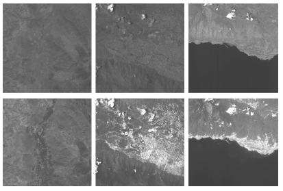 Sample data set 1 (first column), set 2 (second column), and set 3 (last column); panchromatic images (first row) and multispectral images (second row).