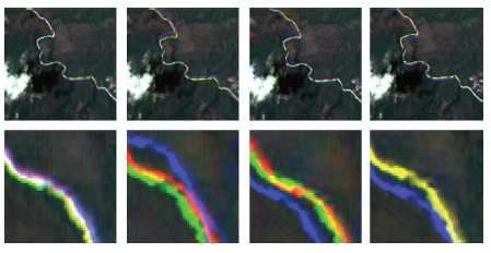 Warped RGB images of data set 2 (first row) using: HA (first column), SURF(second column), SIFT (third column), and ASIFT (last column), with their four times magnified images (second row).