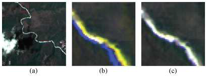 Warped RGB images of data set 2 using (a) proposed adaptive block processing, (b) its four times magnified image using standard RANSAC, and © four times magnified images using proposed statistical masks for effective outlier elimination.