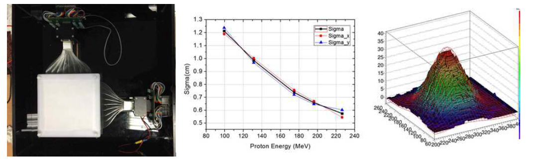 2차원 펜슬빔 양성자선 치료선량 검증 시스템의 모습 및 측정결과