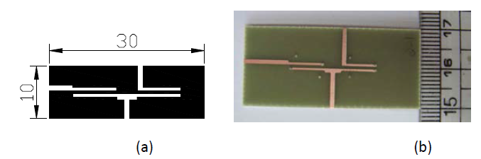 Layout of two-stage fabrication circuit drawn through AutoCAD (a) and its photograph (b)