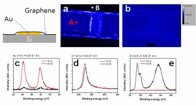 a. Au 4f 7/2 (84 eV) 전자들의 세기의 명암을 공간분해 기법으로 얻은 이미지 b. C 1s (286 eV)에서 얻은 SPEM 이미지. c. A, B 두 지점에 대한 Au 4f 스펙트럼 d. C 1s e. Si 2p core level 스펙트럼