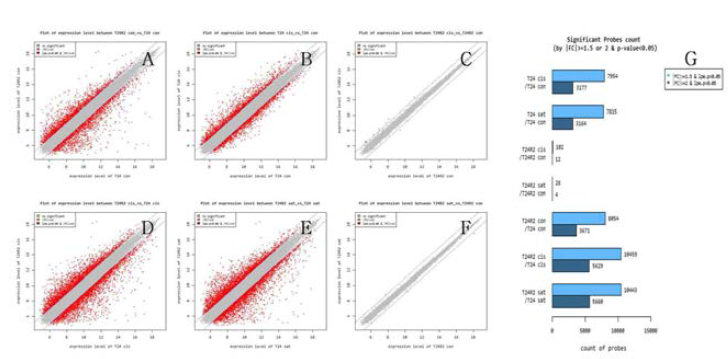 Differential gene expression in T24 and T24R2 cell lines. Scatter plot of relative gene expression intensities between cell lines.