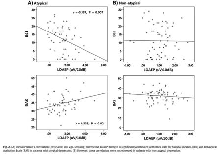 비정형우울증군에서 LDAEP와 BSI 사이의 음의 상관, LDAEP와 BAS 사이의 양의 상관.