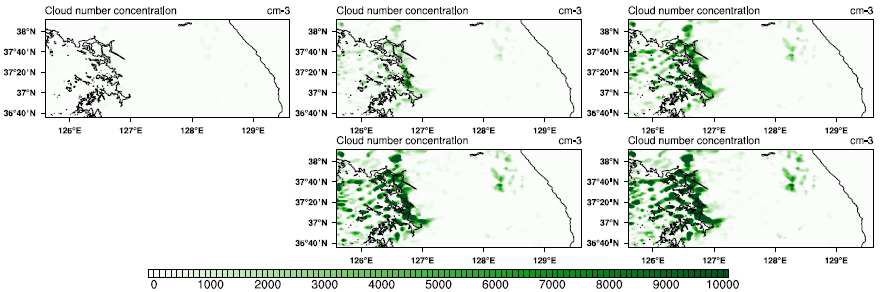 Spatial distribution of cloud number concentration (# cm-3) for control run (a), 10ccn (b), 30ccn (c), 50ccn (d), and 70ccn (e) at 22 UTC.