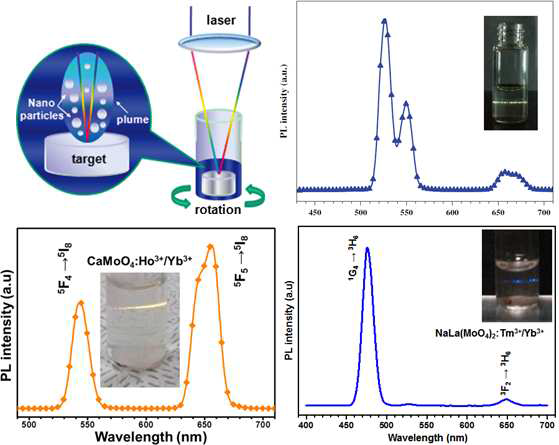 PLA 모식도 및 각각의 UC nanocolloid 들의 발광 현상
