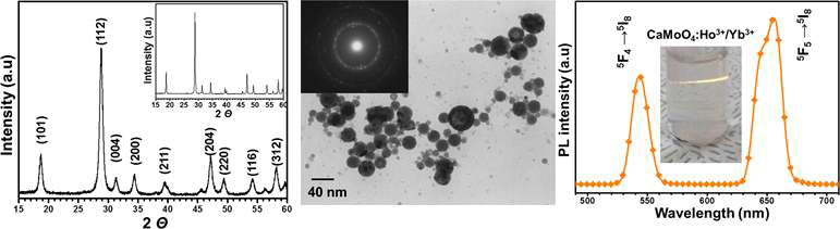 (좌) Ca(MoO4):Ho3+/Yb3+ 형광체 XRD pattern, (중) TEM 사진, (우) colloidal nanoparticle 발광사진