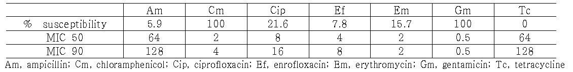 닭의 분변에서 분리한 Campylobacter의 MIC측정 결과