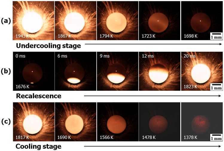 Snap shot images of a molten droplet (a) undercooled liquid, (b)recalescence and (c) cooled solid after recalescence. The arrow denotes the elapsed time.