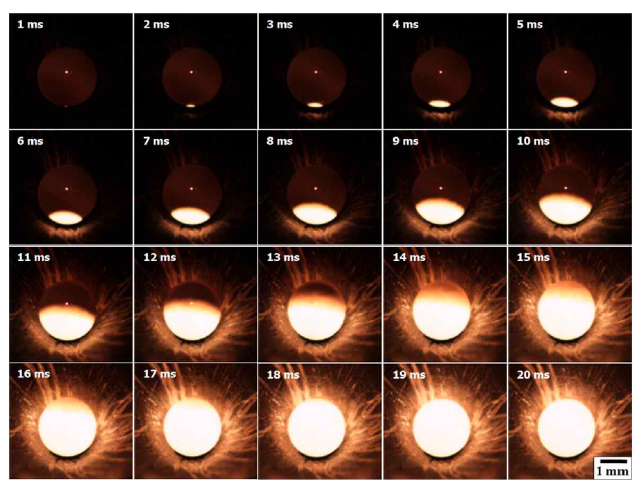 Snap shots show nucleation and growth of polycrystalline perovskite (Ba,Sr)TiO3 phases during recalescence. The pictures were taken at 1,000 frames per second.