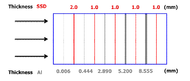 양성자 검출기의 구조 (붉은색: 실리콘 반도체 검출 기 (SSD), 검정색: 차폐물질인 알루미늄 (Al)).