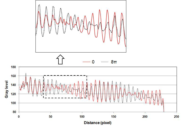 Gray level of moiré pattern at phase 0, 8π