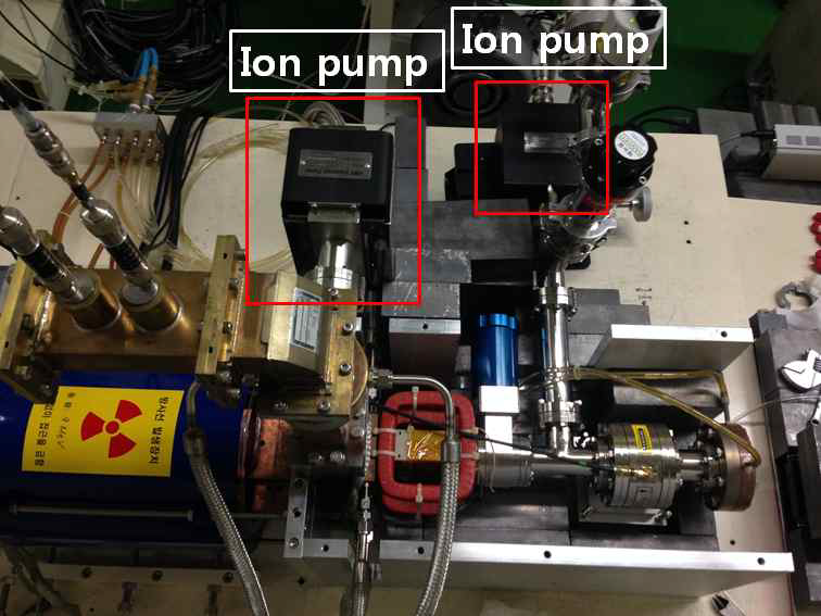 가속관에 연결된 ion pump(좌)와 진공챔버에 연결된 ion pump(우) 위에서 바라본 모습