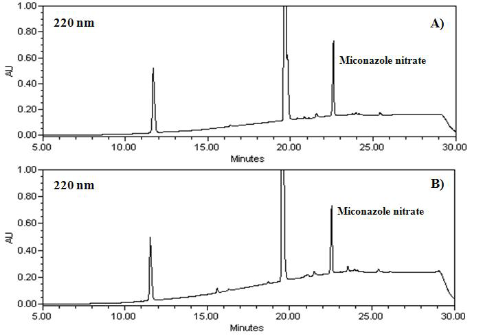질산미코나졸의 HPLC-UV 크로마토그램 (파장 : 220 nm)