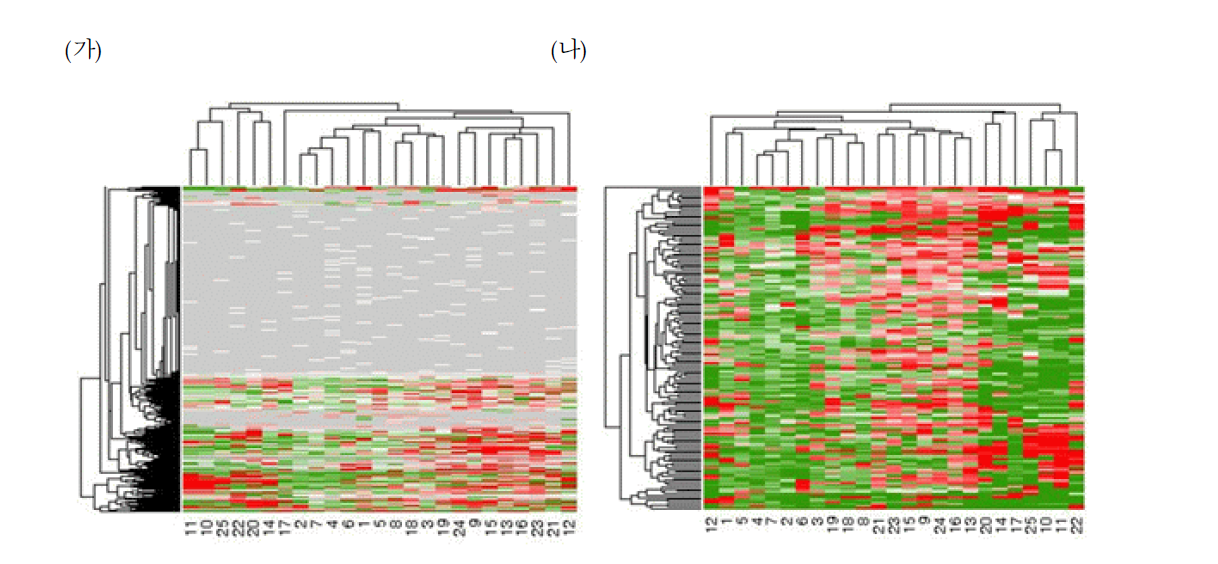 (가)총 25개의 약물 반응 중 최소 한번 이상 DEPs으로 뽑힌 단백질들의 발현양에 대한 clustering 결과 (나)총 25개의 약물 반응 중 20번이상 DEPs으로 뽑힌 단백질들의 발현양에 대한 clustering 결과.