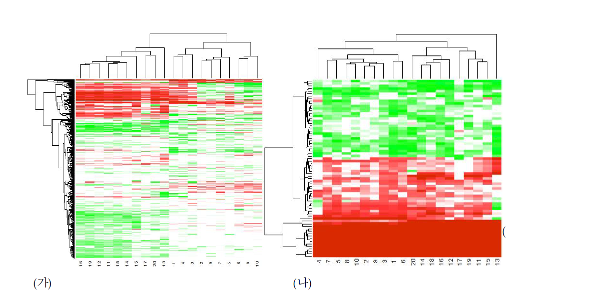 (가) 20개의 약물 처리에 의해 한 번 이상 양적 반응을 보이는 대사체에 대한 발현 패턴 (나) 20개의 약물 처리에서 10번 이상 양적 반응을 보이는 대사체에 대한 발현 패턴