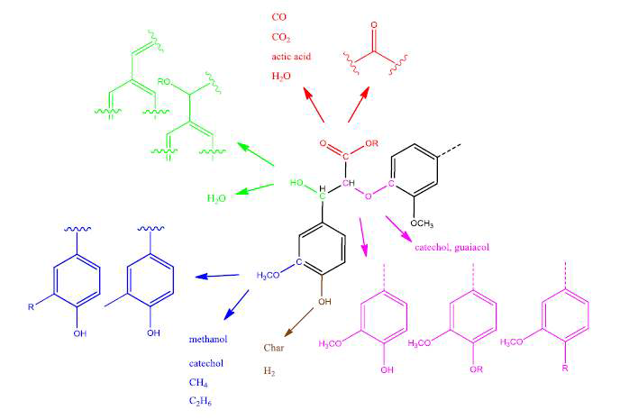 리그닌의 열분해 메커니즘(Mu et al., 2013)