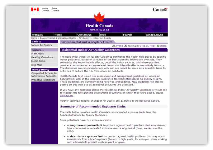 Health Canada 실내공기질 가이드라인 웹사이트