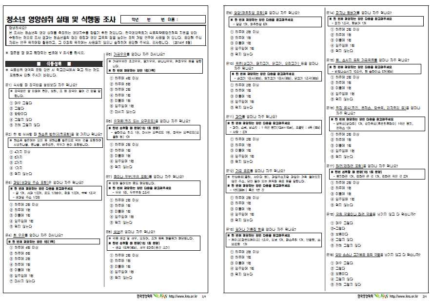 청소년 대상 체크리스트 1차 수정안 예시