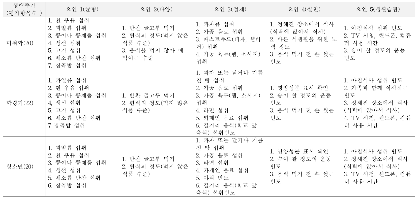 어린이, 청소년 요인분석 결과 후 연구진이 선정한 요인별 평가지표/평가항목