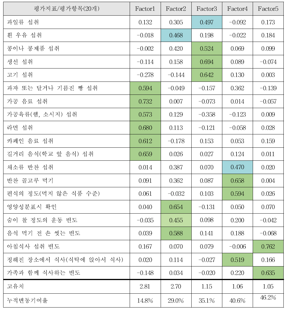 LISREL 분석에 의한 평가지표/평가항목의 요인분석 결과 (학령기 어린이 대상)