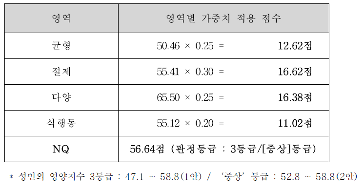 성인용 영역별 가중치를 적용한 영양지수 점수 산출과 판정등급(3, 4단계 예시)