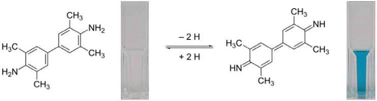 백금 나노입자에 의한 3,3',5,5'-Tetramethylbenzidine (TMB) 발색 반응식 및 사진