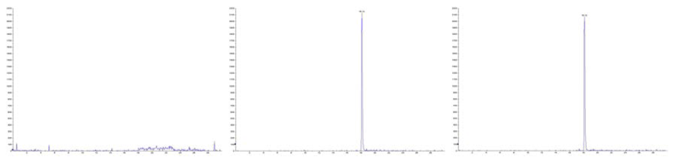 (A) 계란에 분석물질을 첨가하지 않은 blank 시료, (B) 전처리한 계란에 최종적으 로 분석물질을 첨가한 시료, (C) 계란에 분석물질을 첨가하여 전처리한 시료