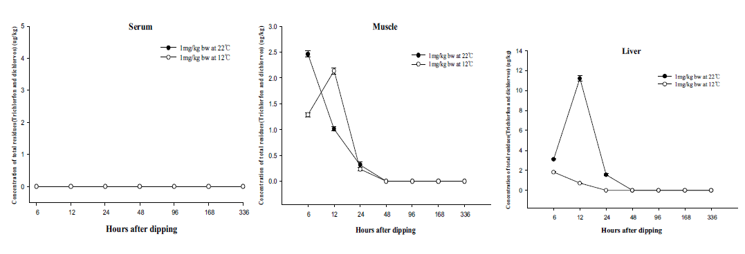 Concentrations of total residues (trichlorfon and dichlorvos) in Paralichthys olivaceus tissues at 1mg/kg at 22℃ and 12℃ for 1H