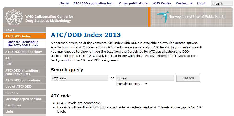 WHO ATC/DDD Index 검색가능한 홈페이지