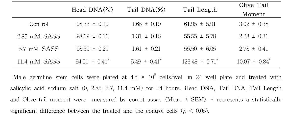 Comet assay를 이용한 salicylic acid sodium salt(SASS)에 대한 수컷 생식줄기세포 독성