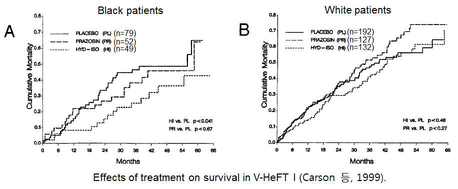 V-HeFT I 임상시험에서 생존률에 대한 각 치료제의 영향