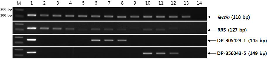 유전자변형 콩 3종에 대한 각각의 CRMs의 교차오염 확인 결과