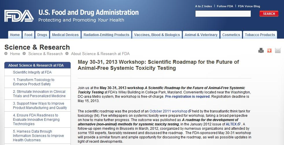2013년 FDA 주최 워크샵의 주제로 대두된 대체시험법의 필요성
