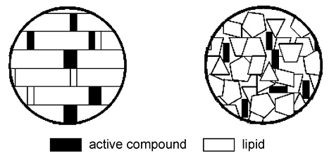 Solid lipid nanoparticles(좌)의 nanostructured lipid carrer(우)와 구조