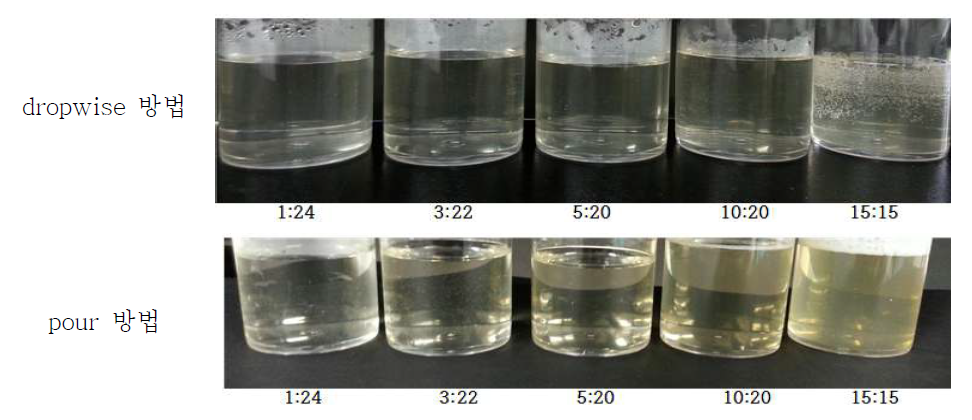 다양한 농도로 제조된 soybean-peptide-chitosan 나노입자의 외관관찰