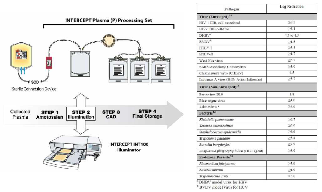 INTERCEPT Blood System의 모식도와 병원균 감소 효과