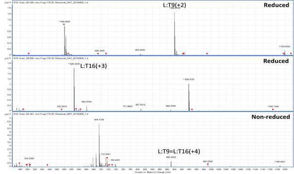 Rituximab 시료에서 확인되는 L:T9 및 L:T16 peptide (MS1)