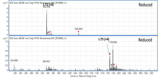 Bevacizumab 시료에서 확인되는 L:T2 및 L:T5 peptide (MS1)