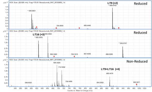 Bevacizumab 시료에서 확인되는 L:T9 및 L:T16 peptide (MS1)