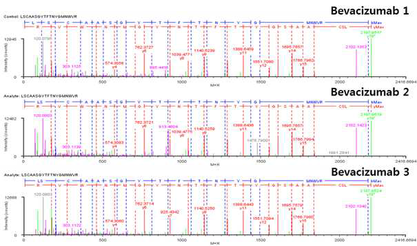 Bevacizumab 단백질 H:T2 (Cys22) peptide의 확인