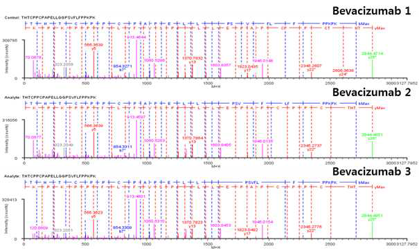 Bevacizumab 단백질 H:T18 (Cys232, Cys235) peptide의 확인