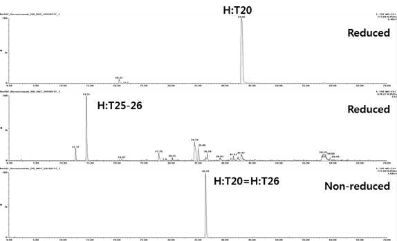 Bevacizumab 시료에서 확인되는 H:T20 및 H:T25-26 peptide(XIC)